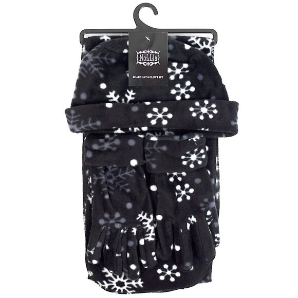 Women's Fleece Snow Flakes Black Winter 3 PC Gloves Scarf & Hat Set - Picture 1 of 4